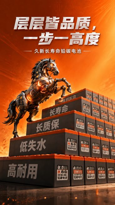 一张极具视觉冲击力的商业海报，呈现出「工业纪念碑」般的史诗感。画面核心是由电池组成的4.5级侧面视角的宽阔阶梯，每一级均由数十块「久新长寿命铅碳电池」（使用参考图1.2特点的电池，电池橙顶灰身带对应标预览效果