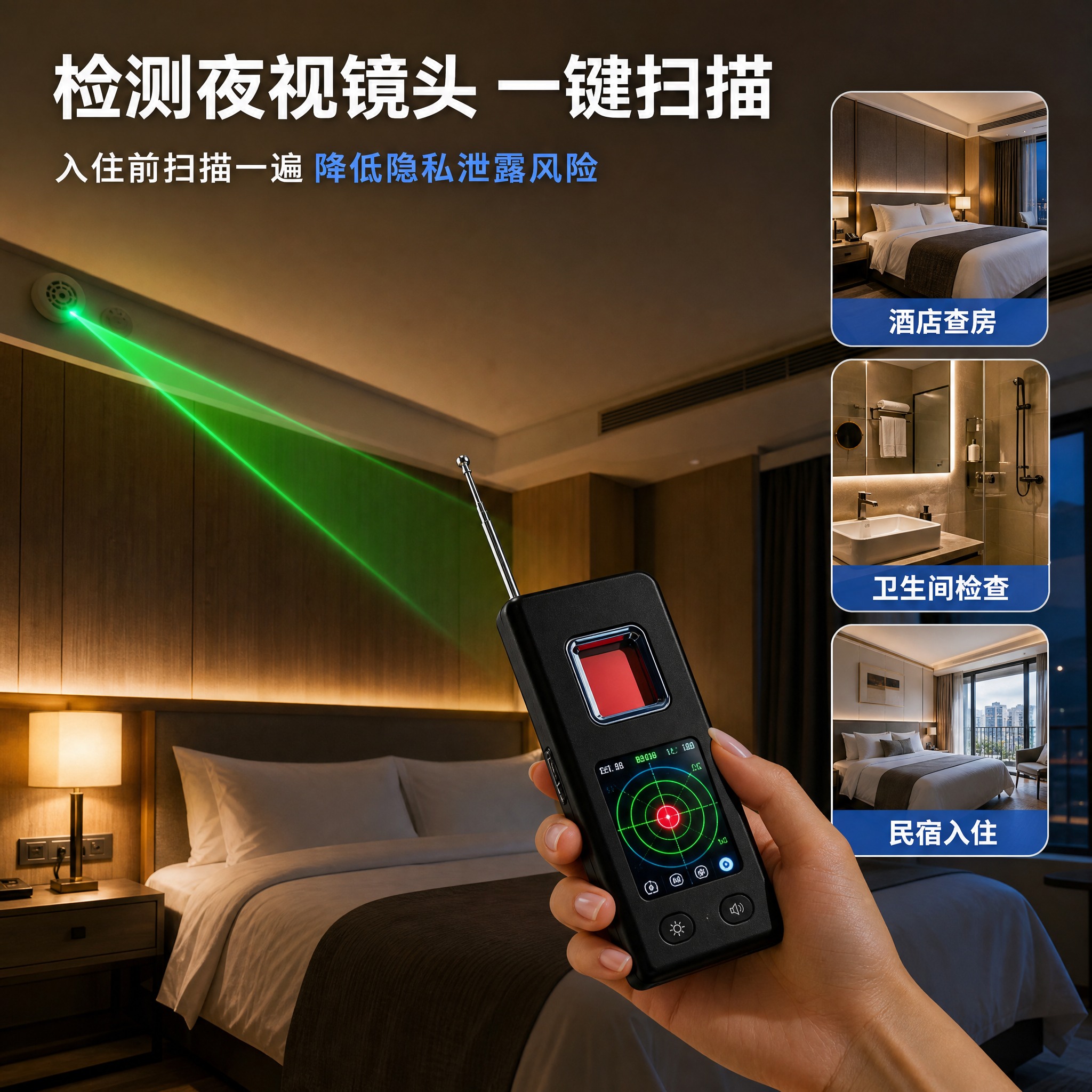 [主图-4] 真实使用场景，展示T20探测器在酒店环境中的防偷… - 图片创意预览