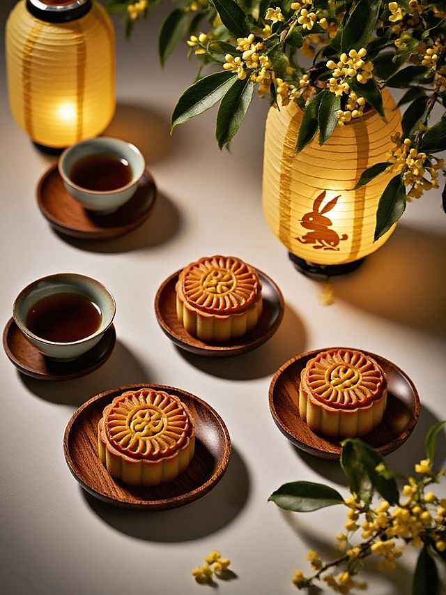 古朴的茶具摆放整齐，茶壶，茶杯，月饼放在在木制纹理碟子。带有兔子花纹的纸灯笼散发暖黄光晕，照亮月饼。茂密的桂花枝