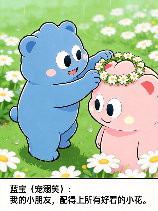 第三格漫画：专属花环，甜甜的特写镜头，雨后青翠雏菊草坪。蓝宝是蓝色小熊，轻轻起身，踮起脚尖，小心翼翼把编织好的雏菊花环戴在粉色小熊粉宝的头顶，下方配文字：“蓝宝（宠溺笑）：我的小朋友，配得上所有好看的小花。”，可爱卡通漫画风格，和前两格风格统一，色彩清新。
