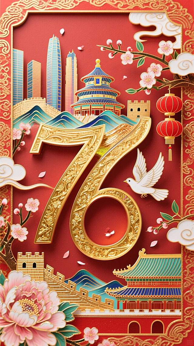 “76”不仅是数字，更是一幅流淌的东方长卷——我以金色为骨、朱红为魂，将长城的气势、故宫的沉淀与高楼的蓬勃织入每一笔转折。花瓣与灯笼是盛世的欢腾，白鸽衔来祥云，在光影交错间定格传统与现代的共鸣。这不仅是庆典，更是文明在时间中绽放的刻痕，庄严而炽烈。