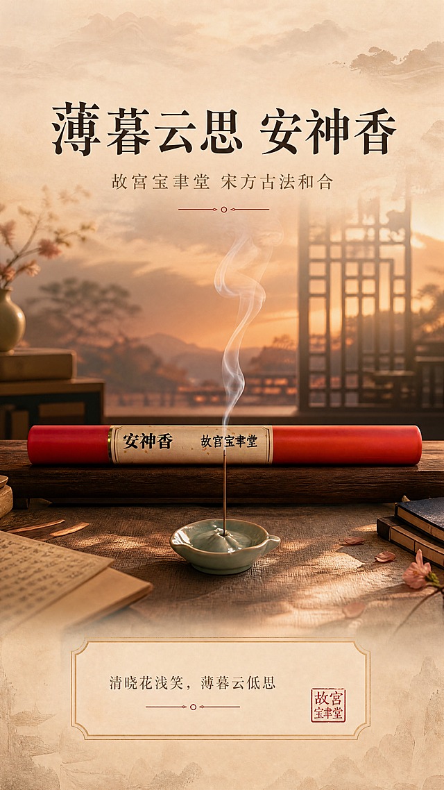 [商品] 使用【图1】红色管装安神香（故宫宝聿堂）；保留红色管身、米黄色标签、"安神香 故宫宝聿堂"黑色书法字体、金色装饰环、整体圆柱形比例与材质；香管水平或微斜摆放，标签正面清晰可见，不改变包装文字与颜色。
[画面] 页面目标：薄暮云思意境氛围头图，第一眼传递东方雅致与安神助眠的沉静感。构图：居中偏上放置红管香筒，前方一只青瓷小香插中点燃一支线香，青烟袅袅向上飘散，融入背景暮色。主体占画面约45%。前景点香青烟、中景香管与香插、后景虚化的宋式书房窗棂与薄暮霞光。阅读动线：上→中→下，顶部大标题，中部产品主体，底部意境短句。
[视觉] 套系策略：风格=东方雅致国风商业摄影，宋式美学，温润沉静，小红书竖版图文质感；标题字=宋体衬线粗体，带书法气质；正文字=简洁宋体/细黑体；主色=暖棕红（取自香管朱红）+米黄宣纸色；背景延展=暖棕到米黄的渐变晕染，叠加宣纸纹理、远山云雾与窗棂剪影；强调色=朱砂红，仅用于小面积印章、引线和重点标注；标题色=深棕黑；正文色=暖棕灰；组件=圆角米黄宣纸信息卡、细金线引线、朱红印章点缀；光影=右前侧暖柔光，模拟薄暮夕照，青烟透光柔和。
[文字] 顶部居中主标题：薄暮云思 安神香；副标题：故宫宝聿堂 宋方古法和合；下方小字意境句："清晓花浅笑，薄暮云低思"；右下角朱红印章式"故宫宝聿堂"落款。文字区位于画面上下留白处，不遮挡香管主体与标签。
[规格] 图片比例9:16竖版，4K分辨率，负向提示：避免变形、错字、文字竖排、冷蓝灰背景、香管颜色改变、包装文字错乱、现代塑料感、人物面部。