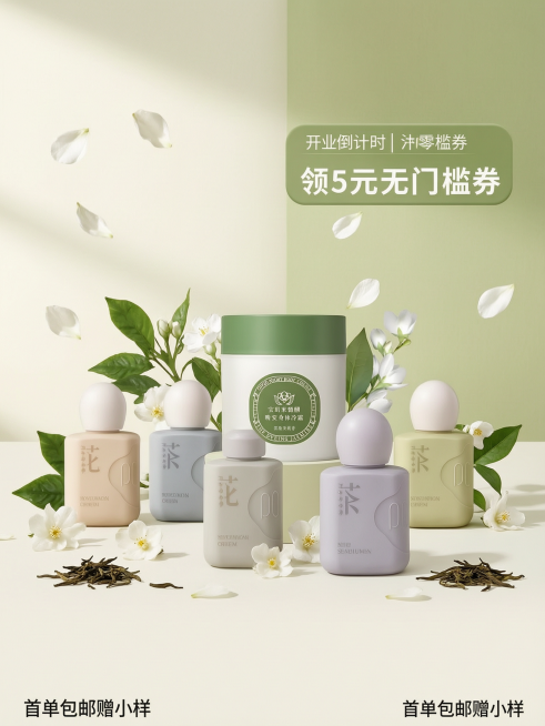 浅禾护肤新店预热小红书封面，展示茉莉身体冷霜+多色茶香护手霜组合，小红书竖版3:4构图，奶白+浅抹茶绿柔和背景，画面居中摆放白罐身体冷霜、全套六色茶香护手霜，点缀茉莉花、干茶叶，清新森系美妆种草风，柔预览效果
