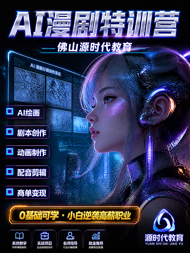 科幻赛博风格AI漫剧培训招生封面海报，3:4竖版比例，超高清晰度。深黑蓝底色+霓虹蓝紫橙光效。顶部科技感发光标题，主标题"AI漫剧特训营"超大金属质感字体带蓝紫色霓虹发光，副标题"佛山源时代教育"小字发光字。画面主体是一位赛博风格国漫少女侧脸特写（银发+机械耳饰+霓虹光反射在脸上），背景是未来城市夜景+全息投影屏幕显示AI漫剧分镜画面。左侧竖排发光标签："AI绘画"、"剧本创作"、"动画制作"、"配音剪辑"、"商单变现"，每个标签前有发光小方块。底部发光条写着"0基础可学 · 小白逆袭高薪职业"，金色发光字。右下角有"源时代教育"发光logo。整体科幻感拉满、赛博朋克、霓虹光效、电影级画质、超高清晰度、细节丰富。画面中所有信息区域必须填充完整合理内容，严禁出现任何二维码图案。