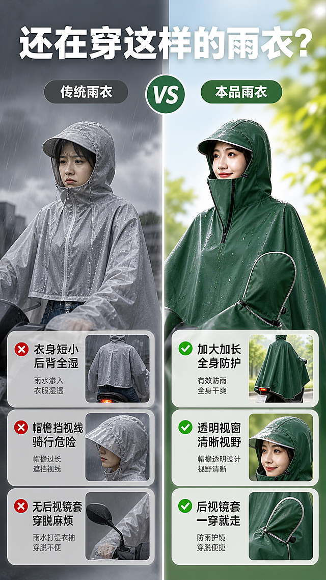 [商品] 使用【图1】墨绿色雨衣和【图6】浅灰色雨衣；保留雨衣结构、颜色、材质和版型。
[画面] 目标：痛点对比页，传统雨衣vs本品。构图：左右分栏对比，左侧灰色调展示传统雨衣痛点（短小漏雨、挡视线、无后视镜套），右侧亮色调展示本品优势。背景：左半部分暗灰压抑，右半部分明亮清新，中间分割线。阅读动线：从左到右对比阅读。景别：中景展示上半身效果。
[视觉] 套系策略：风格=高级商业摄影风，简约通透有质感；标题字=粗黑体，现代无衬线；正文字=常规黑体，清晰易读；主色=墨绿色；背景延展=左暗灰右亮绿的对比背景，同色系深浅层次；强调色=红色（痛点）+绿色（优势）；标题色=白色；正文色=深灰色；组件=对比分割线、痛点红叉图标、优势对勾图标、圆角信息卡；光影=左侧冷光压抑，右侧暖光明亮。
[文字] 顶部大标题"还在穿这样的雨衣？"，左侧痛点区3个："衣身短小 后背全湿"、"帽檐挡视线 骑行危险"、"无后视镜套 穿脱麻烦"配红叉，右侧优势区3个："加大加长 全身防护"、"透明视窗 清晰视野"、"后视镜套 一穿就走"配对勾，文字横向排版。
[规格] 图片比例9:16竖版，4K，负向提示：避免变形、错字、文字过小、颜色失真、连续同构、水印。
