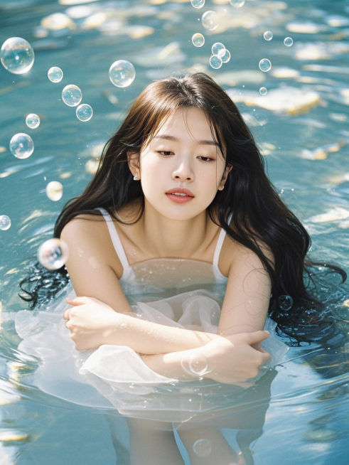 长发少女，水下写真，周围少量气泡装饰，正面视角，清透梦幻氛围，商业摄影预览效果