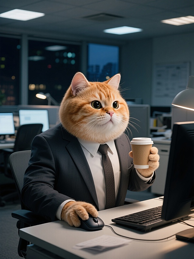 拟人风3D角色，猫咪身着商务西装，手握咖啡杯，办公桌前专注工作，展现职场幽默感。
