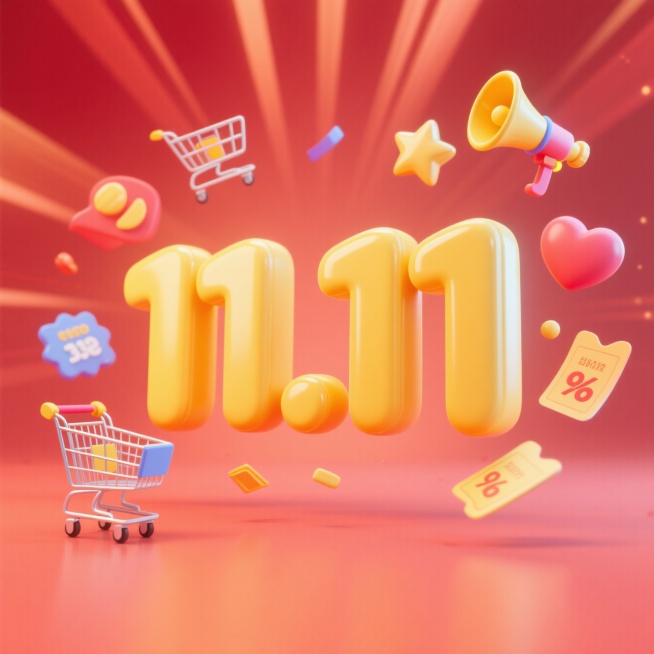 画面视觉中心为大号黄色立体数字 “11.11”，周围环绕漂浮着彩色促销元素装饰（购物车、星星、喇叭、爱心、优惠券等），背景低饱和度红色并带有放射状光效。预览效果