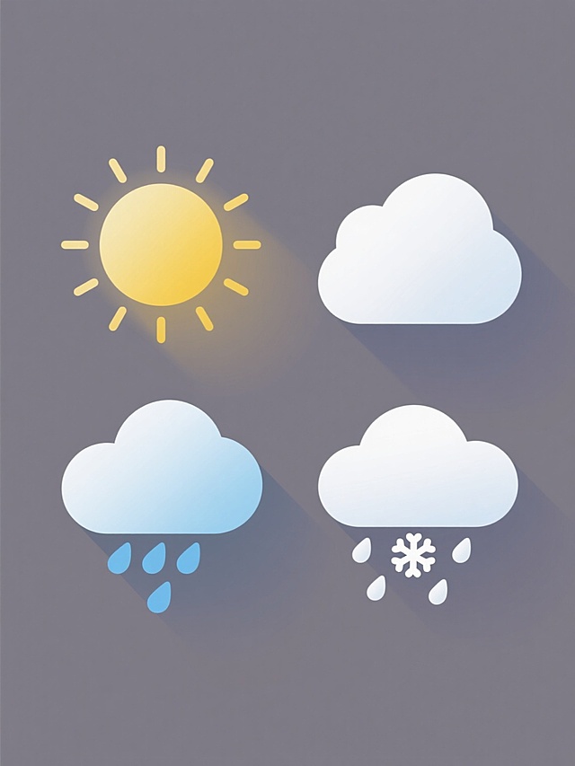 一套四个天气元素的系列图标，保持统一的扁平风格设计，柔和的渐变色彩，圆润的边缘处理，每个图标都有清晰的投影效果，纯色背景。包含:1. 晴天:黄色圆形太阳，周围有放射状的短线光芒；2. 多云:白色蓬松云朵，占据大部分画面；3. 雨天:蓝色雨滴从云朵下方滴落；4. 雪天:白色雪花从云朵下方飘落。四个图标规整地排列在画面中，形成一个完整的天气系列集合。