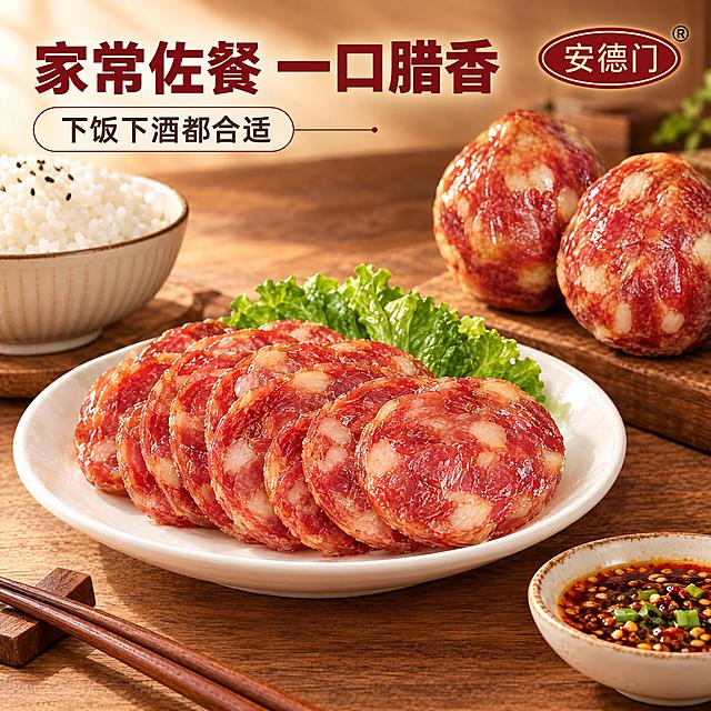 [商品] 使用【图1】【图2】安德门香肚切片与整颗形态；保留香肚形态、颜色、肥瘦纹理和品牌名，不改变产品结构。
[画面] 食用场景种草页，1:1正方形构图，家常餐桌场景，白瓷盘里摆放切好的香肚片约占画面40%，旁边配米饭、筷子和一小碟蘸料，整颗香肚放在后侧作为点缀，暖棕色木质桌面，暖光营造温馨家常氛围，无人物，突出佐餐下酒的日常食用场景。
[视觉] 套系策略：风格=高清美食摄影质感；标题字=简约黑体粗体；正文字=简约黑体常规；主色=暖棕红；背景延展=暖棕色木质桌面深浅渐变、同色系木纹质感；强调色=深棕红，仅用于小面积标签和引线；标题色=深棕红；正文色=暖深灰；组件=圆角浅米色信息卡、细线引线；光影=左前侧暖柔光、自然投影。
[文字] 左上横排主标题"家常佐餐 一口腊香"，副标题"下饭下酒都合适"，文字量适中，不遮挡主体。
[规格] 图片比例1:1正方形，2K分辨率，避免变形、错字、文字过小、人物出现、冷蓝背景、手工/百年/地道/传统/现做现发/冷链运输/老字号/正宗/夸大宣传/破损包赔/礼盒装字样。