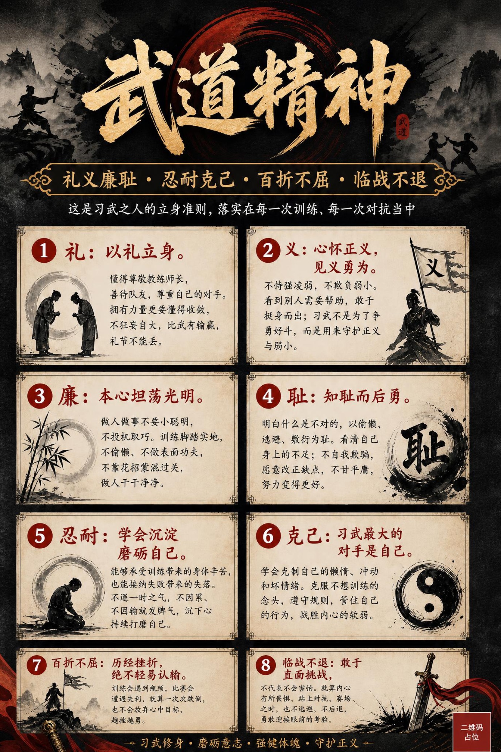 基于参考图重新生成武道精神海报，保持原有水墨国风风格、全部文案… - 图片创意预览