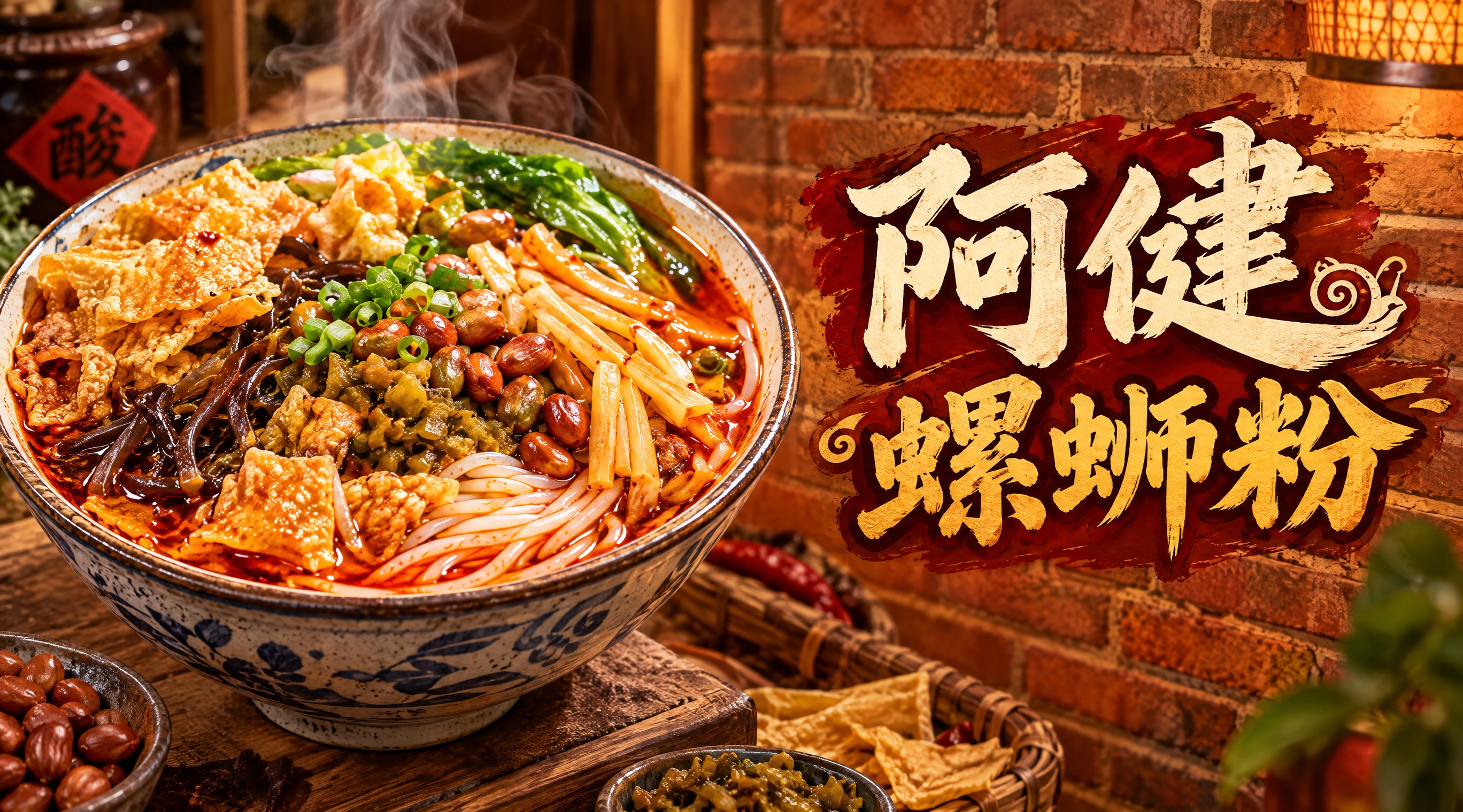 螺蛳粉店招设计，店名"阿健螺蛳粉"，画面左侧是一碗盛满的螺蛳粉… - 图片创意预览