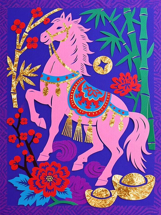 主体是粉色骏马（装饰蓝红纹样、流苏配饰，点缀金箔质感），周围环绕金竹、红梅、菊花、元宝等吉祥元素，背景为蓝紫色纹理，配色浓烈鲜艳（粉、红、蓝、紫、金等），风格喜庆华贵、充满传统吉祥寓意