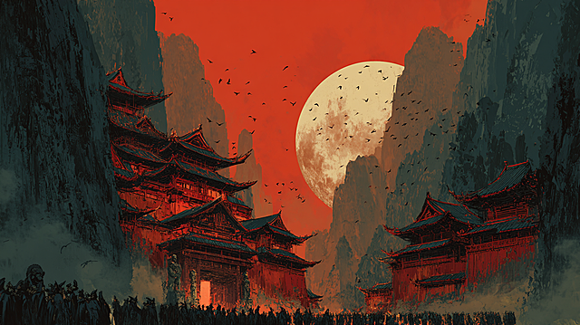 Ancient style Xianxia magic palace scene, huge Chinese flying eaves ancient buildings entrenched in steep valleys, red and black colored pavilions stacked layer upon layer, ferocious divine beast statues standing in front of the door, bloody mist pervades the valley, a huge pale moon hanging high in the sky, flocks of crows passing through the sky, crowds of people in black robes gathered below, strong contrast between warm red and cold gray light and shadow, eerie and solemn atmosphere, full of dark martial arts and Xianxia feeling, fantasy art style, rough brush strokes, rich details, movie-level grand scene