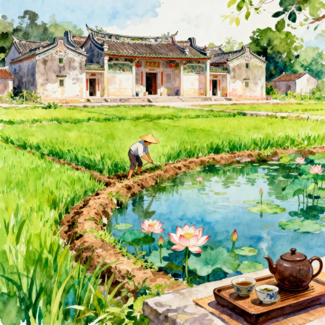 汕头特色乡村风景，彩绘风，横版长图预览效果