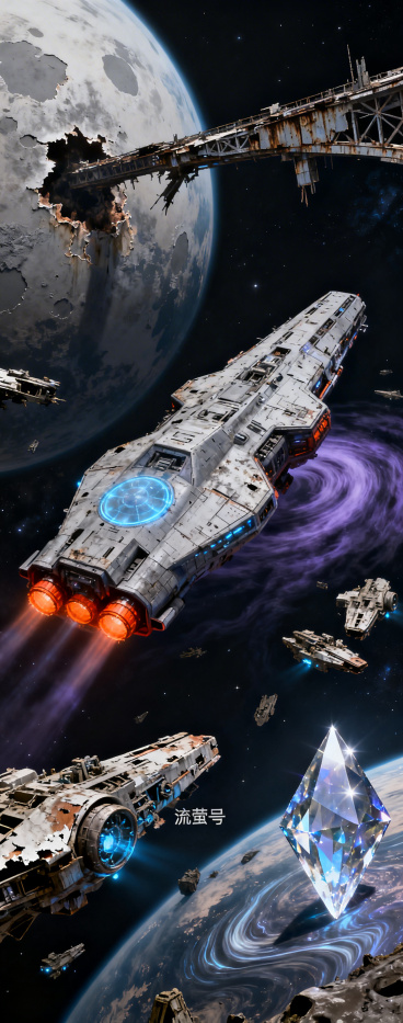 公元2719年，人类跨恒星系文明背景下，联邦深空探索队‘流萤号’探险舰正穿越危险无人星域。画面中央是流萤号舰体，表面有磨损与能量护盾微光；背景左侧是正在褪色的星球——表面色彩剥落成灰白，象征‘灰域’蔓预览效果