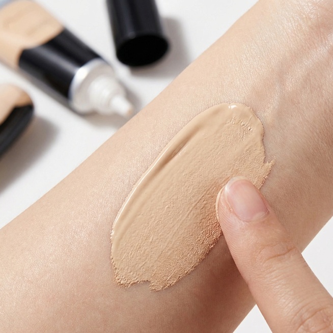 帮我生成图片：以图中的遮瑕膏为元素,欧美女人使用遮瑕膏,遮盖黑眼圈斑点痘印法令纹不卡粉,防水,设计6张跟遮瑕膏有关的图,物体主体特征不变，英语,比例 「1:1」预览效果