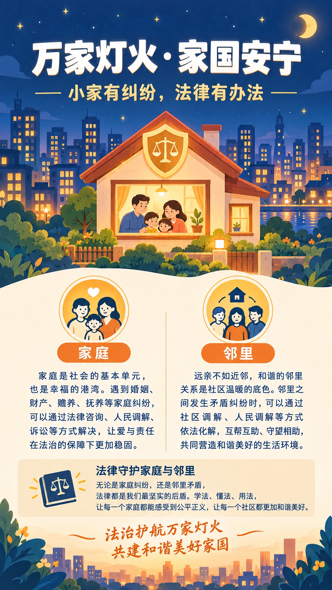 一张9:16竖版家国主题海报，扁平插画风格，暖橙色与深蓝色搭配… - 图片创意预览