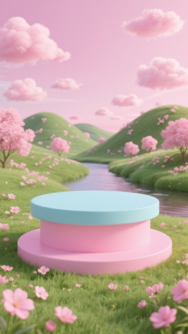画面中心是一个粉色展台，展台为圆形，底部是粉色的，顶部是浅蓝色的。展台周围是绿色的草地，草地上开满了粉色的花朵。背景是粉色的天空，天空中有许多粉色的云朵，远处是绿色的山丘，山丘上也开满了粉色的花朵，山丘之间有一条小河。整个画面充满了春天的气息，色彩柔和，给人一种温馨、浪漫的感觉。预览效果