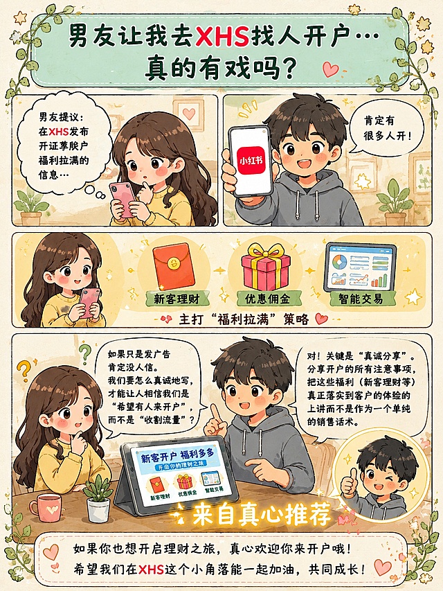 整体尺寸：3:4竖版，复古手绘手账漫画风，柔和马卡龙暖色调，圆润粗黑卡通描边，纸张带浅米白肌理，四周点缀细枝叶、小星星、爱心小装饰，治愈水彩质感，柔和自然光，简约清新财经手绘卡片，画面层次分明不拥挤。

1. 顶部浅青绿色横幅标题栏，手写醒目字体文案："男友让我去XHS找人开户…真的有戏吗？"边框搭配细绿植藤蔓装饰
2. 上半区双格分镜漫画
左格：长卷发女生低头拿着手机，空白思考气泡文字："男友提议：在XHS发布开证券账户福利拉满的信息…"
右格：穿灰连帽衫男生举手机，手机屏幕是小红书红色图标，对话框文字："肯定有很多人开！"
3. 双格下方横向展示区
左侧女生手持手机，右侧依次摆放手绘插画：红包（标注"新客理财"）、礼盒（标注"优惠佣金"）、智能交易面板（标注"智能交易"），底部小字："主打“福利拉满”策略"
4. 下半区大场景双人对话漫画
女生面露疑惑，对话框文字："如果只是发广告肯定没人信。我们要怎么真诚地写，才能让人相信我们是“希望有人来开户”，而不是“收割流量”？"
男生手指平板耐心讲解，对话框文字："对！关键是“真诚分享”。分享开户的所有注意事项，把这些福利（新客理财等）真正落实到客户的体验的上讲，而不是作为一个单纯的销售话术。"
桌面平板画面展示开户海报，右下角小气泡男生竖大拇指，底部发光文字："来自真心推荐"
5. 页面最底部白色横幅留言区，手写温柔文案："如果你也想开启理财之旅，真心欢迎你来开户哦！希望我们在XHS这个小角落能一起加油，共同成长！"搭配爱心装饰
