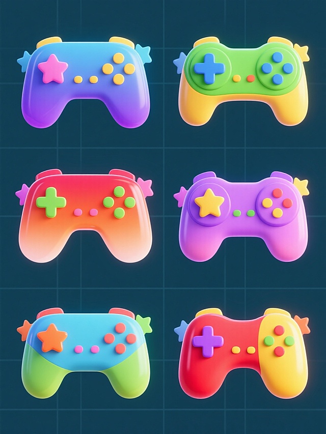 六个造型各异的游戏机手柄元素，保持3D立体风格、光滑渐变材质、圆润边角设计和明亮光泽感，每个手柄拥有独特的色彩搭配（如第一个蓝紫渐变配粉红星、第二个绿黄渐变配蓝星、第三个橙红渐变配绿星、第四个紫粉渐变配黄星、第五个蓝绿渐变配橙星、第六个红黄渐变配紫星），手柄上的按钮和十字键颜色与主体协调，周围环绕对应色彩的半透明星形装饰，所有元素以规整的网格状排布在纯色背景上，整体画面色彩明快活泼，光影过渡自然，保持一致的卡通化可爱氛围和高质量渲染效果。