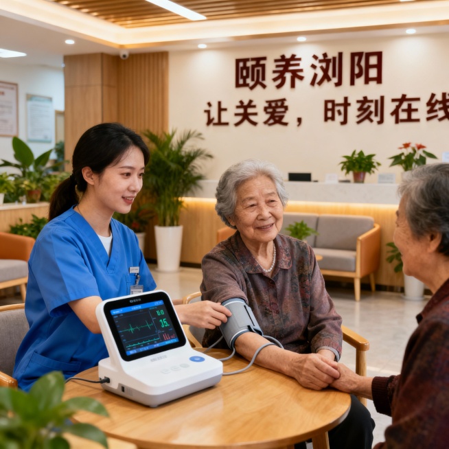 帮我生成带“颐养浏阳”服务人员体征监测服务——让关爱，时刻在线服务场景的图片预览效果