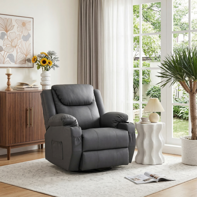 现代奶油风与中古风融合的居家角落，核心是浅灰色多功能按摩休闲椅，保持其外观、设计、功能完全不变。墙面为纯净米白色，搭配浅木色地板，营造温暖柔和基底。右侧是大面积白色边框落地窗，引入充足自然光，窗外为绿预览效果