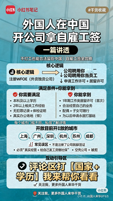 生成竖版小红书图文封面，清晰干净的排版风格。共分为五屏/五个板块：
第一屏：大标题“外国人在中国开公司
拿自雇工签”居中加粗，副标题“一篇讲透”居中，底部小字“不打工也能合法留在中国｜自雇工签全攻略”预览效果