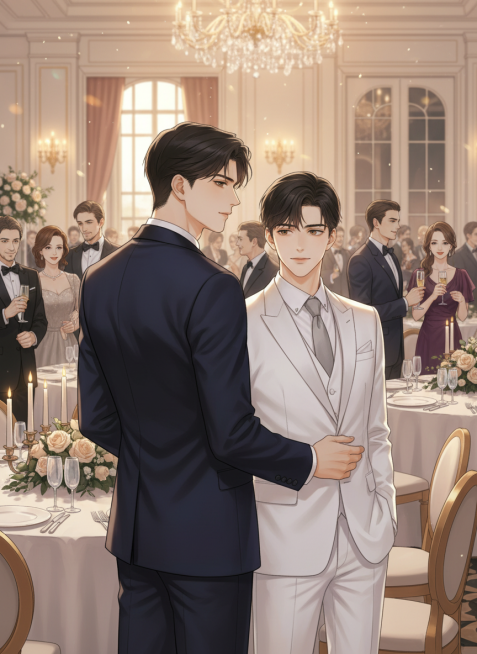 订婚宴办得盛大而隆重，衣香鬓影，觥筹交错。许言穿着一身量身定制的白色西装，衬得他皮肤愈发白皙，眉眼温润。他站在周许身边，脸上挂着得体的微笑，应对着宾客们的祝福。
周许的手掌搭在他的腰上，动作标准得像是预览效果