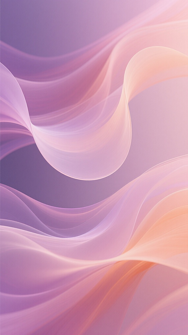 弥散风格抽象背景，柔和渐变的粉紫色调与淡橙色交织，流动的曲线形态呈现出轻盈飘逸的视觉效果，色彩过渡自然平滑，整体画面散发着梦幻浪漫的氛围，无明显轮廓边缘，具有高度的视觉延展性和柔和的视觉张力，色调温暖治愈，样式上采用更具动感的波浪状曲线构图，色彩层次丰富且和谐统一。