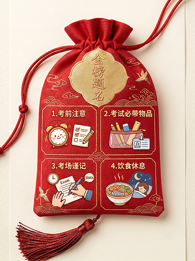 去掉图片右下角的小红书水印，同时去掉金榜题名四个字旁边多余的文字和印章，保持香囊原有红色背景和纹样，其他内容不变