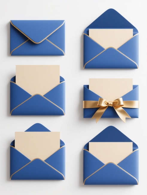一组6个完全不同造型的蓝色信封与米色卡片系列素材集合，每个信封保持相同的3D立体风格、光滑材质质感、金色描边线条和飘逸金色丝带元素，信封开口处露出米色卡片，整体采用白色背景，每个信封造型在丝带缠绕方式、信封折叠角度或局部装饰细节上各具特色，所有元素规整排布，画面整体色彩在保持蓝色信封与米色卡片主色调基础上变换不同色调倾向，光影统一为柔和高光与轻微阴影，保持简洁现代的设计感和清晰的视觉层级。预览效果