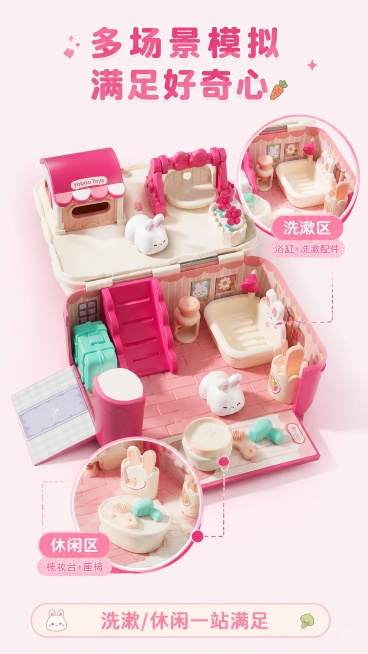 [第5屏] 多场景功能亮点展示，兔子过家家玩具。本屏使用【图1】作为主体产品，拆分展示内部功能区。
[氛围/风格] 清新功能解析风，细节清晰展示，专业柔和质感
[元素布局] 产品打开平放，横向占据画面预览效果