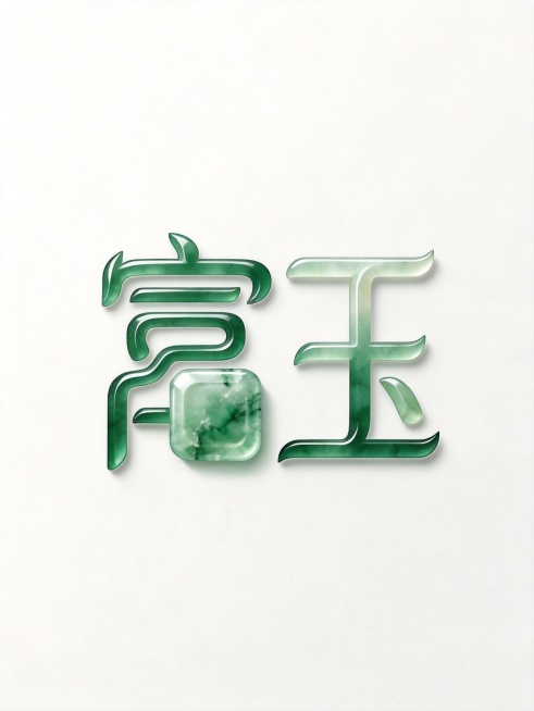 保持字形不变，将图中“玉”字改成和“富”字一样的绿色渐变玉石材质，保留原来的立体感，背景保持纯白色，输出为png格式，文字整体必须完整呈现在画面内不可被裁切，四周留有安全边距预览效果
