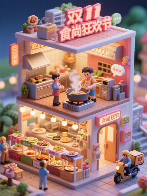 双层微缩场景，顶部有立体字“双11食尚狂欢节”，第一层是美食厨房直播场景，主播正在烹饪，锅中热气腾腾，旁边有聊天互动气泡；第二层是整齐摆放的各地美食展台，灯光打亮；门外有送餐骑手和美食生产车间，整体为预览效果