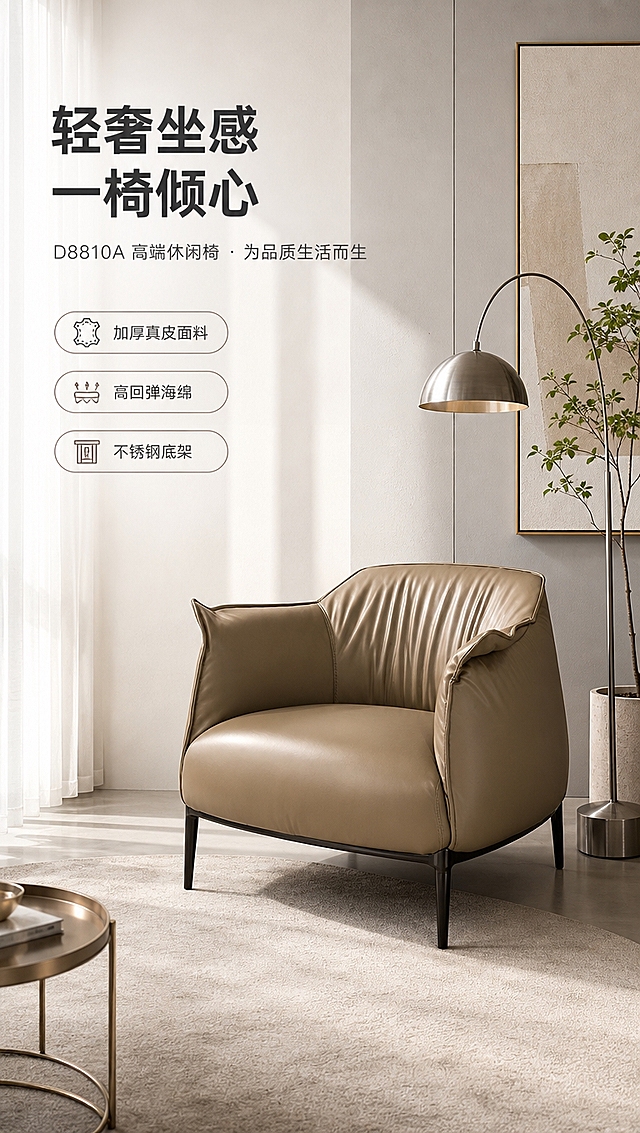 [商品] 使用【图1】卡其棕皮革休闲椅（型号D8810A）；保留整体包裹造型、褶皱靠背、扶手飞边设计、黑色细金属椅脚、皮革颜色与质感、缝线结构；商品处理：轻微理顺皮革褶皱使其更饱满挺括，增强皮革光泽与金属脚质感，不改变产品结构与颜色。
[画面] 目标：首屏整屋空间氛围展示，奠定高级轻奢亮调调性。构图：左文右景，左侧约1/3留白文案区，右侧现代轻奢客厅大场景。主体休闲椅放置在画面中右侧，占画面约55%，45°侧视角度。前景：浅米色地毯+小型金属边几一角；中景：休闲椅为主，旁有落地灯与绿植；后景：浅灰色墙面+艺术挂画+柔和自然光从左侧窗户洒入。阅读动线从左上主标题→右侧产品主体。
[视觉] 套系策略：风格=高级轻奢现代商业摄影；标题字=现代简约无衬线粗体；正文字=纤细优雅无衬线体；主色=暖米白+浅卡其棕；背景延展=基于暖米白做深浅渐变、同色系层次与细腻哑光墙面/地面质感；强调色=灰钛金属色，仅用于小面积图标、引线、标签点缀；标题色=深炭灰；正文色=中暖灰；组件=细线信息卡、金属质感引线、极简图标；光影=左前侧柔和自然光，明亮通透，阴影柔和，整体亮色调。
[文字] 左上区域：主标题「轻奢坐感 一椅倾心」（8字），副标题「D8810A 高端休闲椅 · 为品质生活而生」（14字），下方3条亮点胶囊：「加厚真皮面料」「高回弹海绵」「不锈钢底架」，文字横排，不遮挡椅子主体。
[规格] 淘宝/天猫详情页，单屏比例9:16竖版，4K分辨率，负向提示：避免变形、错字、文字过小、冷蓝背景、产品颜色改变、结构失真、极限词、水印、二维码。