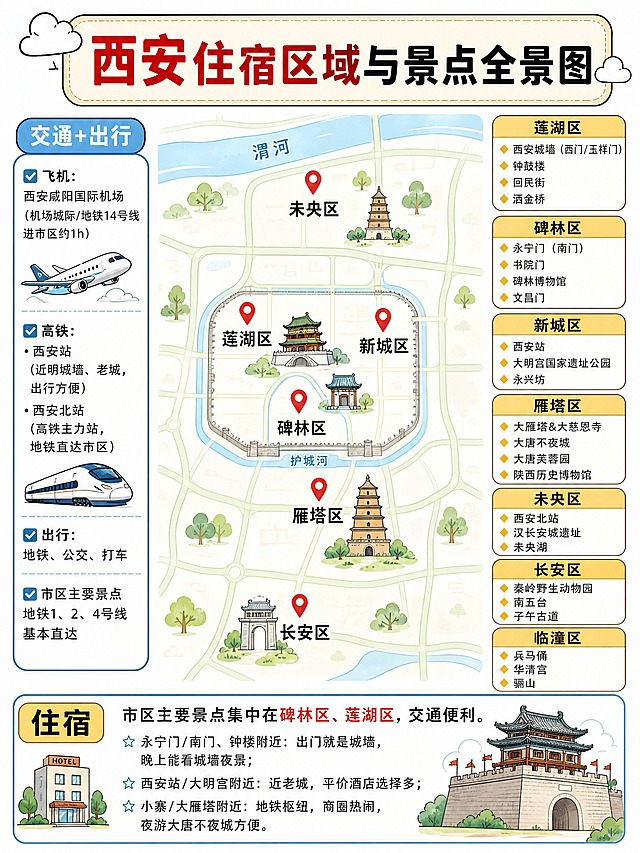 小红书旅游攻略信息图，竖版3:4，简约商务手绘地图风格，淡蓝浅绿低饱和配色，干净白底，圆角卡片布局，手账风，小红书旅游笔记配图，版式精美，信息层级清晰，文字清晰不糊，无多余杂物。整体版式：顶部带云朵装饰的米黄色圆角标题框，红色粗体大字主标题，逐字锁定：「西安住宿区域与景点全景图」。左侧【交通+出行】蓝色圆角框：✅飞机：西安咸阳国际机场（机场城际/地铁14号线进市区约1h），配卡通飞机简笔画；✅高铁：西安站（近明城墙、老城，出行方便），西安北站（高铁主力站，地铁直达市区），卡通高铁简笔画；✅出行：地铁、公交、打车；✅市区主要景点地铁1、2、4号线基本直达。中间是西安简易卡通地图，渭河、护城河淡蓝色水域，地图上标记红色定位大头针，标注：莲湖区、新城区、碑林区、雁塔区、未央区、长安区，搭配简笔画地标建筑（钟楼、大雁塔、城墙）。右侧竖排黄色圆角标签框，依次列出各个区域景点：【莲湖区】◆西安城墙（西门/玉祥门）◆钟鼓楼◆回民街◆洒金桥；【碑林区】◆永宁门（南门）◆书院门◆碑林博物馆◆文昌门；【新城区】◆西安站◆大明宫国家遗址公园◆永兴坊；【雁塔区】◆大雁塔&大慈恩寺◆大唐不夜城◆大唐芙蓉园◆陕西历史博物馆；【未央区】◆西安北站◆汉长安城遗址◆未央湖；【长安区】◆秦岭野生动物园◆南五台◆子午古道；【临潼区】◆兵马俑◆华清宫◆骊山。底部【住宿】黄色标题框，蓝色内容框：文字：市区主要景点集中在碑林区、莲湖区，交通便利。☆永宁门/南门、钟楼附近：出门就是城墙，晚上能看城墙夜景；☆西安站/大明宫附近：近老城，平价酒店选择多；☆小寨/大雁塔附近：地铁枢纽，商圈热闹，夜游大唐不夜城方便。右下角永宁门城墙卡通古建筑插画，整体线条柔和，可爱Q版简笔画。参考【图1】的版式骨架、分区比例、色调体系与装饰语言（相似度约70%），文案与地图内容替换为西安。画质高清细腻，信息分区整齐，文字完整处于安全区内不可裁切，四周留安全边距。
