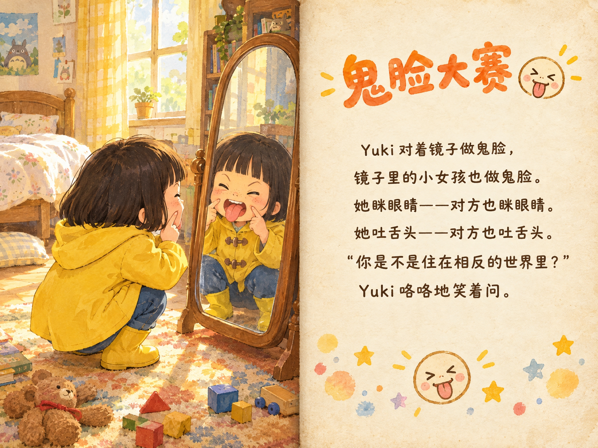 儿童绘本故事跨页三《鬼脸大赛》，横版左图右文布局，对开页中间有… - 图片创意预览