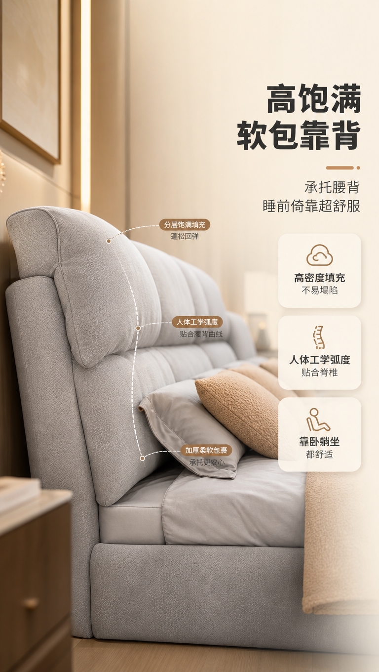 [商品] 使用【图1】灰色软包落地床；重点保留饱满大床头的厚度… - 图片创意预览