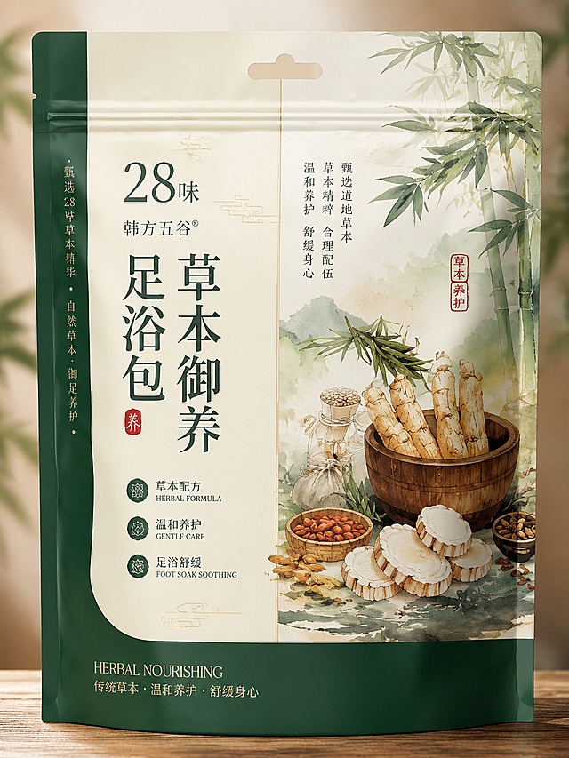 参考上传图片的墨绿色配色方案，上米白下深绿的配色，重新设计28味韩方五谷草本御养足浴包自立袋包装，保留国风水彩手绘草本插图风格，整体设计和原图不同，款式3：采用左右分栏设计，左侧文字右侧插图，深绿做侧边装饰，增加竹叶元素呼应自然草本主题