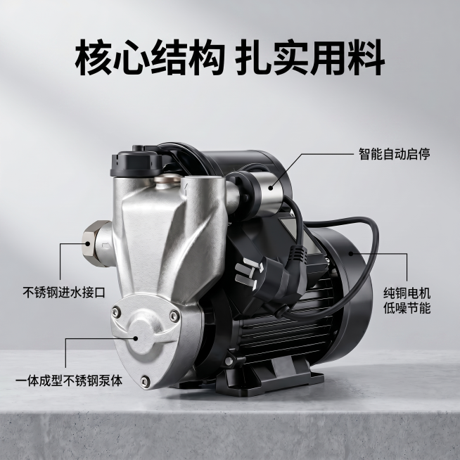 [主图 2] 不锈钢增压水泵核心亮点结构展示，氛围风格：专业简洁高级五金电商风，[画质]：商业摄影质感、光线柔和通透、产品清晰真实、画面干净高级。[元素]：保持不锈钢增压水泵产品外观（物理结构、材质质预览效果