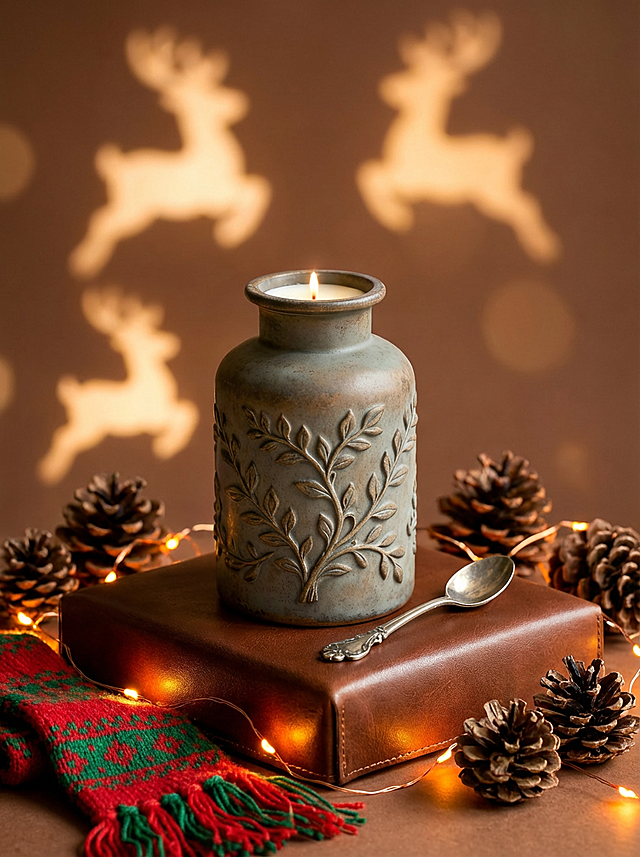 复古质感陶瓷烛台，浮雕枝叶纹饰，搭配皮影鹿影光影，金属勺与松果点缀，营造温馨质朴的圣诞文艺氛围。