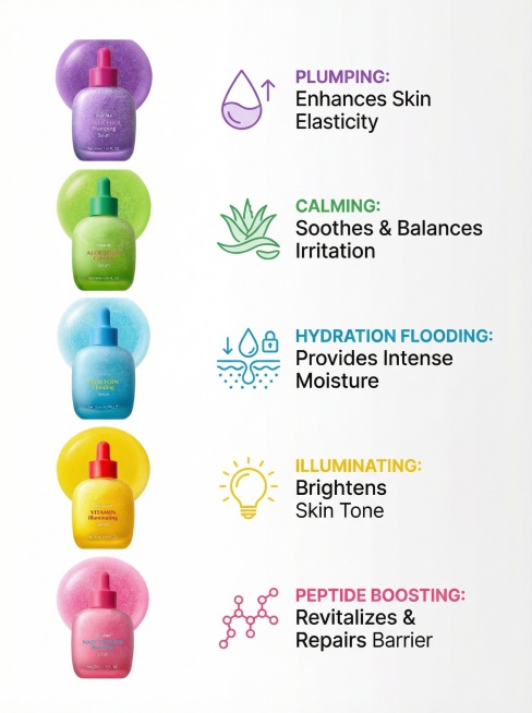 [详情页 5] 功效benefits列表，五个核心功效分别对应五款精华，采用左右分栏布局，左侧产品图右侧功效点，每个功效配简洁图标+英文说明，排版清晰有层级，提取产品对应颜色做配色，商业摄影质感，光线预览效果