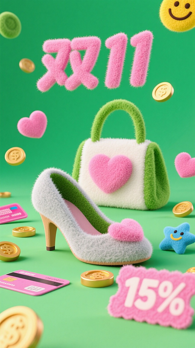 毛绒质感鞋包、爱心等元素  双 11 可爱购物氛围。