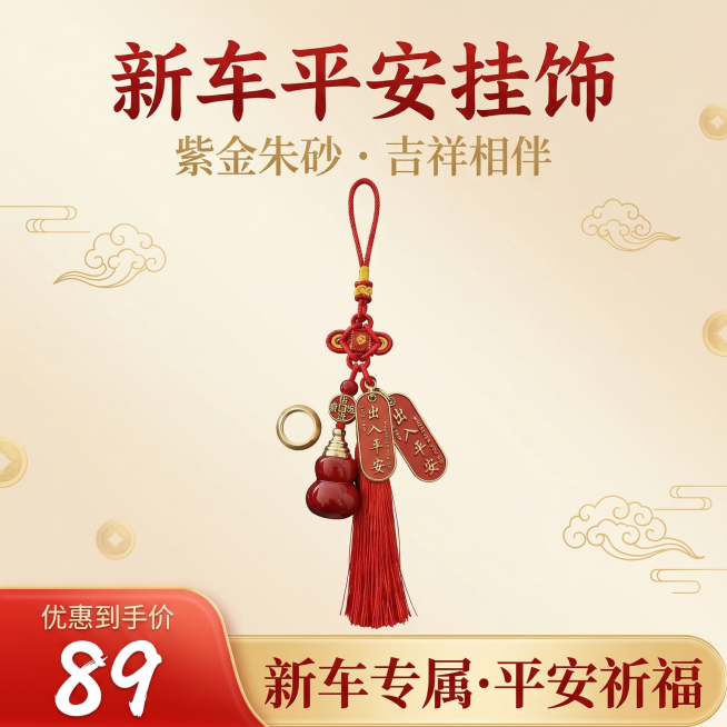 1:1 竖版电商主图，严格还原朱砂葫芦汽车挂饰产品图，包括中国结编织挂绳、合金平安扣、可打开铜葫芦、顺滑流苏等所有细节，产品外观必须与参考图完全一致，不得改变配色方案或设计元素，保持产品的金属哑光质感预览效果