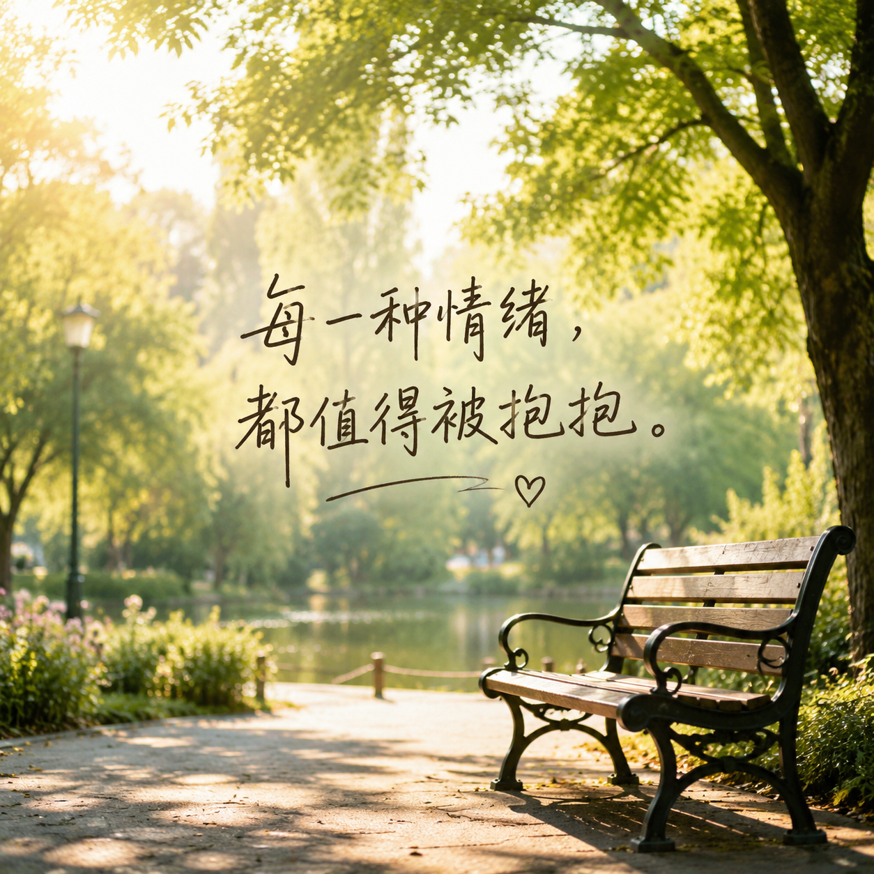 空无一人的公园长椅，阳光正好，画面中央浮现手写字："每一种情绪… - 图片创意预览