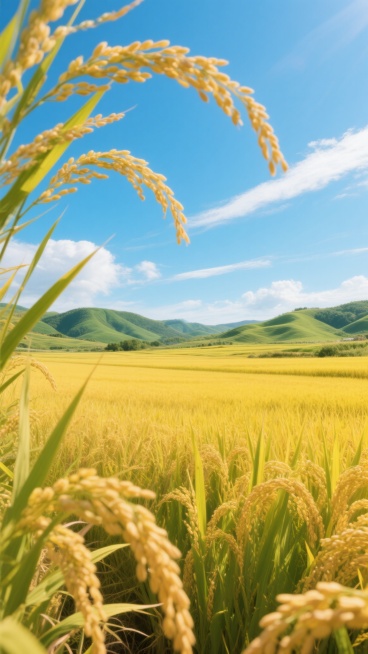 一片广阔无垠的稻田，稻穗饱满金黄，在微风中轻轻摇曳，展现出细腻的动态感。远处是连绵起伏的绿色丘陵，与近处的稻田形成层次分明的景观。天空湛蓝，点缀着几缕洁白的云彩，阳光明媚，光线充足，营造出明亮、清新、充满生机的氛围。整体画面色彩鲜明，以金黄色的稻田、绿色的丘陵和蓝色的天空为主色调，色彩和谐统一。采用写实风格，细节丰富，稻穗的纹理清晰可见，光影效果自然，具有强烈的视觉冲击力和宁静致远的意境。预览效果