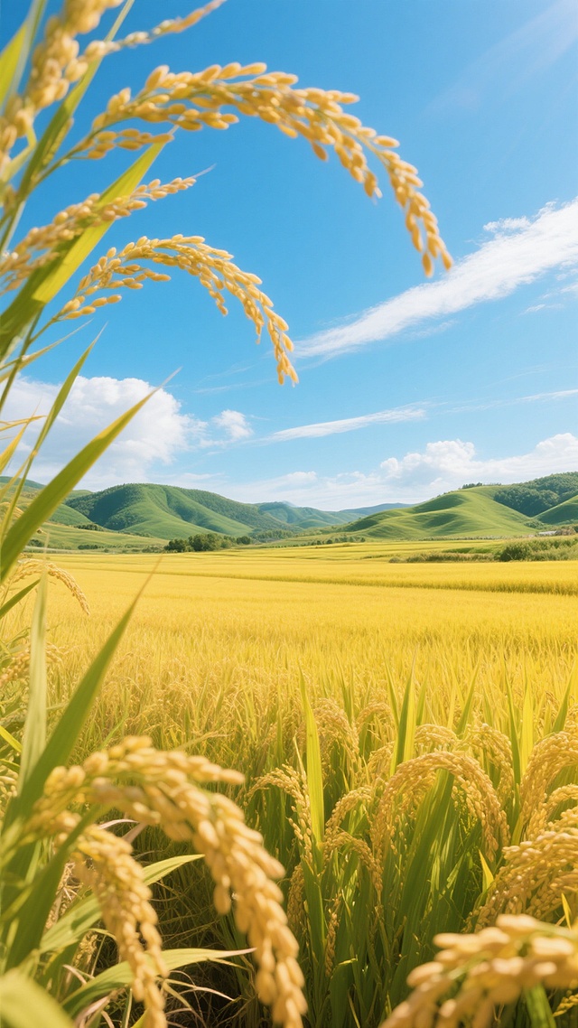 一片广阔无垠的稻田，稻穗饱满金黄，在微风中轻轻摇曳，展现出细腻的动态感。远处是连绵起伏的绿色丘陵，与近处的稻田形成层次分明的景观。天空湛蓝，点缀着几缕洁白的云彩，阳光明媚，光线充足，营造出明亮、清新、充满生机的氛围。整体画面色彩鲜明，以金黄色的稻田、绿色的丘陵和蓝色的天空为主色调，色彩和谐统一。采用写实风格，细节丰富，稻穗的纹理清晰可见，光影效果自然，具有强烈的视觉冲击力和宁静致远的意境。
