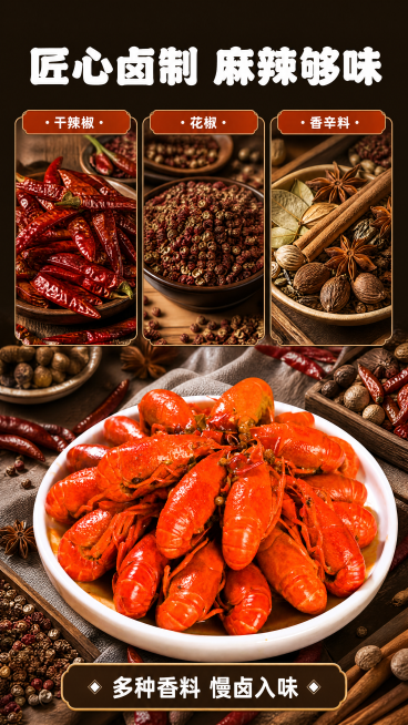 [第3屏] 香料工艺展示屏-麻辣小龙虾秘制香料配方。
[氛围/风格] 香料浓郁质感，暖调写实美食摄影，诱人食欲。
[元素布局] 采用三竖图+底部标签版式，三张图分别展示干辣椒、花椒、香辛料原料，中部下预览效果