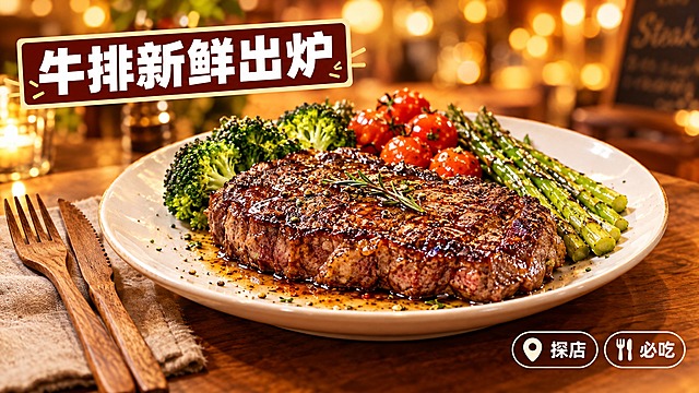 活力美食风格微信公众号封面，暖色背景，画面中心是一盘色泽诱人的牛排，牛排表面焦香带油光，搭配新鲜的西兰花、小番茄、芦笋等蔬菜，旁边摆放木质餐具叉子和餐刀，背景虚化处理突出牛排主体，左上角有粗体字标题框，框内写着"牛排新鲜出炉"，右下角有"探店""必吃"等简约标签图标，整体高饱和度色彩，暖色调光影，美食摄影质感，画面精致有食欲，16:9横版比例